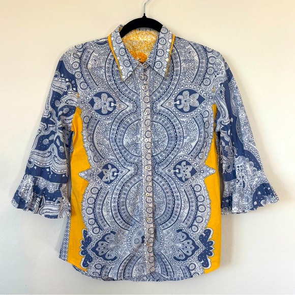 Robert Graham Blue Yellow Silver Embroidered Paisley Floral Button Up Blouse S - Picture 1 of 5